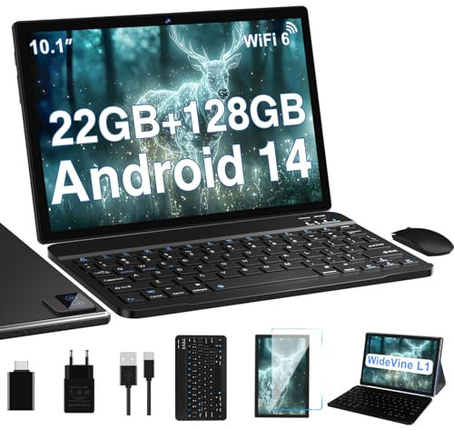 BIEGEDY Tablet 10 Zoll Octa-Core, 22 GB RAM+128 GB ROM (TF1 TB),8000mAh丨Widevine L1丨GMS丨5G WLAN 6丨5MP+8MP丨Bluetooth 5.0丨1280 * 800丨Metallabdeckung Tablet mit Tastatur Maus Schwarz