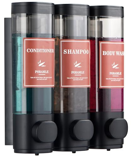 Shampoo and Conditioner Dispenser Wall Mounted Shower Soap Dispenser No Drill Shampoo Dispenser for Shower 3 Chamber Bathroom Body Wash Shower Gel Holder Black