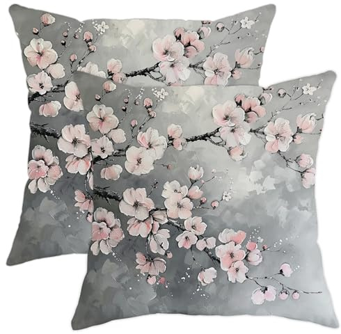 Spring Romantic Cherry Blossom Pillow Covers Set Of 2, Grey Modern Elegant Japanese House Decorations Throw Pillow Cases, Decorative Floral Decor Cushion Covers For Home Sofa Bed Couch 18x18 Inch
