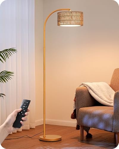 EDISHINE Lámpara de Arco Regulable para Sala de Estar, Lámpara de Pie con Casquillo E27, Bombilla LED y Control Remoto, 2700K-6000K Temperatura de Color, Regulación Continua, Cabezal Giratorio, Dorado