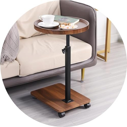 GOUZIBHD Beistelltisch mit Rollenden Rädern, Höhenverstellbare Snacktische, Stabiler Nachttisch mit Metallrahmen, Sofa Teetisch, um 360°Drehbare Runde Tischplatte für Schlafzimmer
