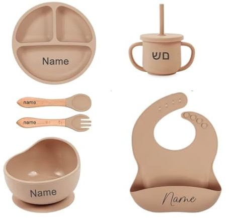Juego de comida para destete personalizado de silicona para bebés, juego completo para destete que incluye: babero, cuenco, taza, cuchara personalizada de silicona 100% alimentaria (marrón)