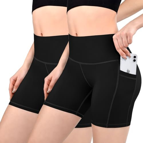 Sanpetix Radlerhose Damen mit Taschen High Waist Sporthose Damen Kurz Sport Shorts für Gym Schwarz 2 Pack XXL