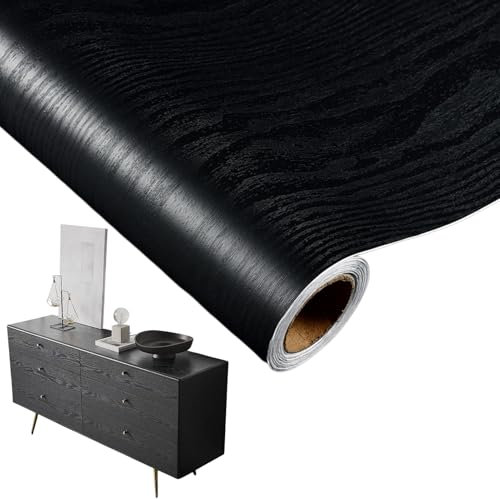 Black Wallpaper Wood Vinyl Wrap 40cmX500cm Peel and Stick Wallpaper Self Adhesive Black Wood Grain Paper Sticky Back Plastic Waterproof Vinyl Film for Kitchen Bedroom DIY Decorative