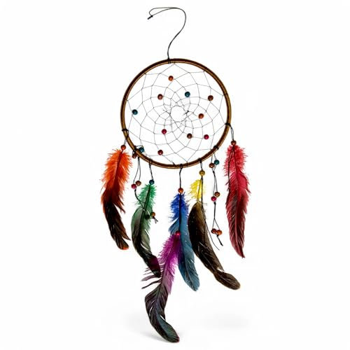 MIJOMA Bunter Traumfänger mit Federn & Holzperlen – Farbenfrohe Boho-Dekoration für Positive Energie, ca. 16 x 30 cm