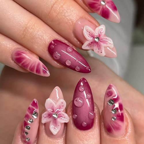 Almond Press on Nails Coffin Shape – 3D Floral Design with Rhinestones, Long French Tip Acrylic False Nails, Handmade Elegant Fake Nails for Women, Nail Art Accessories