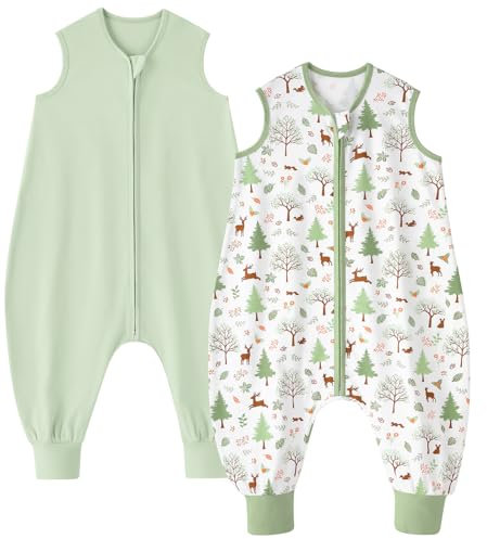 Looxii 2er Pack Baby Sommerschlafsack mit füßen 0.5 Tog Schlafsack Baby 100% Baumwolle Baby Schlafsack für Kinder 3-4 Jahre Jungen Mädchen 90 cm Green Forest