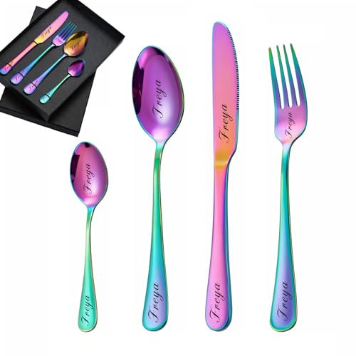 Kundenspezifisches graviertes Besteck-Set, 1 Set von 4 Stück, personalisiertes Besteck für Erwachsene, Gabel, Messer, Löffel und Teelöffel graviertes Edelstahl-Besteck-Set (Farbe)