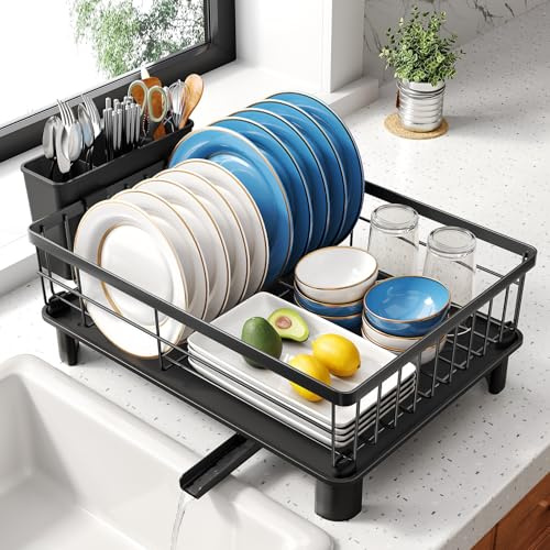 SNTD Dish Drying Rack for Small Kitchen Counter, 11 W x 15 L, Black | Space Saving, Rotating Spout & Angled Drainboard for Quick Drainage, Stainless Steel, Removable Utensil Holder