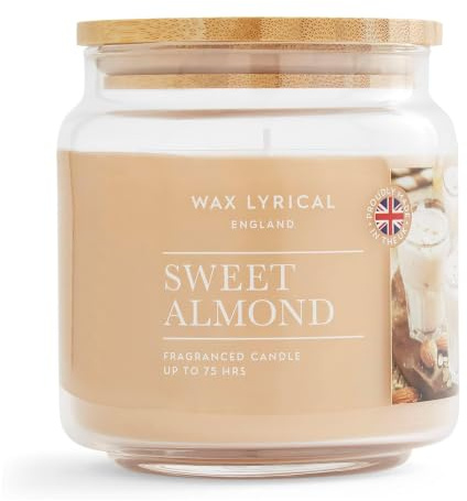 Wax Lyrical Sweet Almond, Medium Jar Candle, Up to 75 Hour Burn Time, Brown | Home Fragrance, Almond, Coconut and Vanilla Scents, Glass Jar with Bamboo Lid, For Tabletops & Living Spaces, Caramel Candle