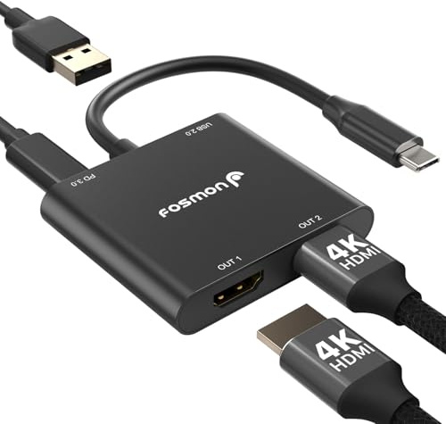 Fosmon USB-C auf Dual HDMI Adapter 4-in-1 HDMI Splitter, 100W PD | Erweiterte Anzeige für 2 Monitore Unterstützt 4K bei 60Hz und Dual 4K bei 30Hz für MacBook Air, Pro, Laptop, und Dell XPS