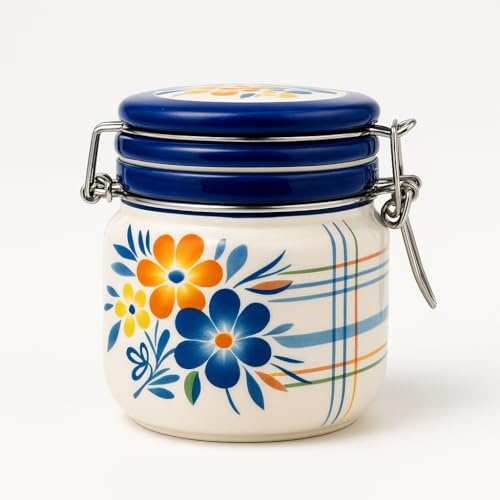 Ceramic Clip Top Storage Jar - Blue Orange & Yellow Floral Decor - Aroma Proof for Coffee, Tea, Sugar, Spices - 10cm High - Airtight Ceramic Jar for Kitchen & Supplies (RL0627)