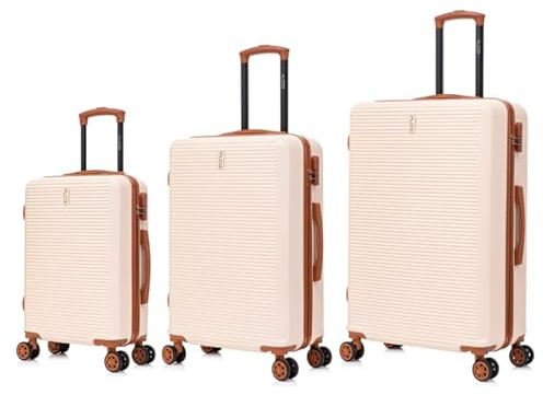 CELIMS - Set Valises Rigides 3 Pièces ABS Légères | Cabine, Moyenne et Grande | Valise Soute & Bagage Cabine 4 Roues 360° | Serrure Intégrée Voyage | Crème