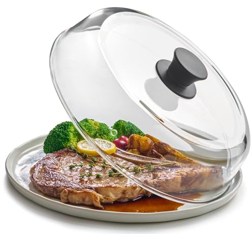 10inch Glass Microwave Splatter Cover for Food - 100% Food Grade BPA Free - Dishwasher Safe - Cookware & Bakeware Serving Dish Cover, Plate Splatter Guard Lid with Easy Grip Silicone Handle Knob