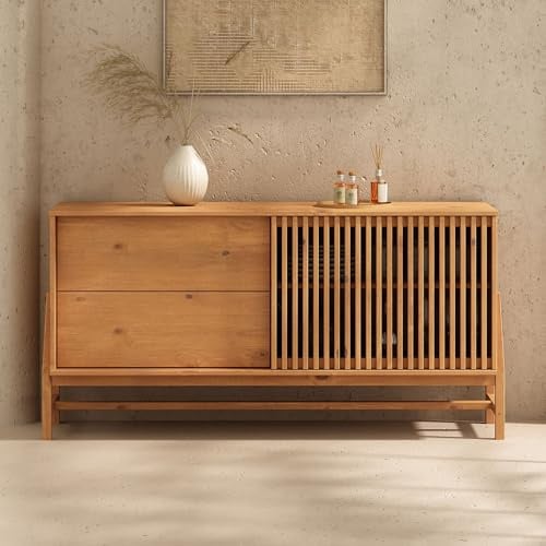 IDIMEX Sideboard Adamo 145 cm aus Massivholz, Eiche Finish - Kommode mit markanter Lamellenschiebetür, Wohnzimmer Möbel mit 2 Schubladen, Anrichte mit verstellbarem Einlegeboden