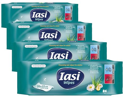 IASI Lingettes humides XL pour adultes, rétablissent le pH naturel de la peau, l'hygiène intime et corporelle, sans rinçage, 54 unités (Lot de 4)
