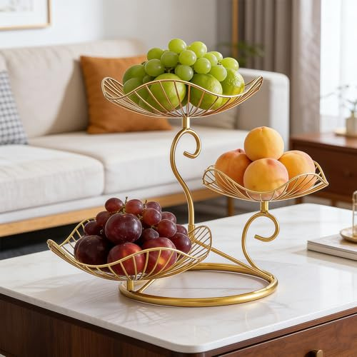 Caossuixin 3 Etage Obstkorb, Obstschale Modern aus Metall, Obstkorb Etagere für Obst, Gemüse, Snacks Lagerung, Große Kapazität für Küche, Wohnzimmer, Dekoration (Gold)