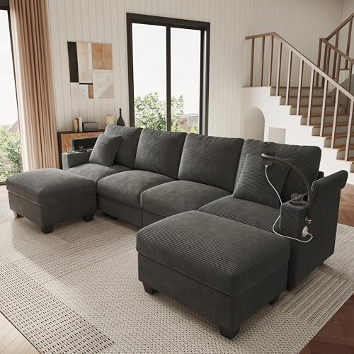 BTM 5 Sitzer Big Modulares Cordsofa U Form mit Schlaffunktion, Ecksofa mit Handyhalter, Wohnzimmer Eckcouch Gray