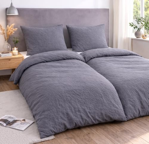 Kuscheli Musselin Bettwäsche 135x200 cm 4-teilig - 100% Baumwolle, Öko-Tex Standard 100-2X Bettbezug & 2X Kissenbezug 80x80 - Atmungsaktiv, weich, mit Knopfleiste - Ganzjahres Bettwäsche Set, Grau