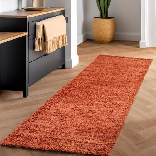 Flauschiger Teppich Wohnzimmer Schlafzimmer Läufer Flur Esszimmer Küchenteppich Hochflor Einfarbig Modernes Design 30 mm Florhöhe Kuschelweich, Terrakotta, 80 x 150 cm