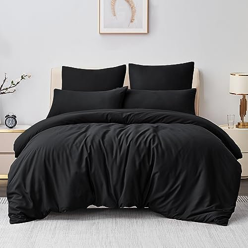 Aisbo Bettwäsche 200x220 3teilig Schwarz - Bettbezug 220x200 cm 3tlg mit Kissenbezug 80x80 cm, ÖKO-TEX Bettwäsche Set Mikrofaser mit Reißverschluss, Weich und Bügelfrei