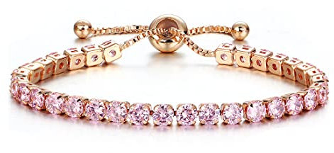 Treasure Bay Crystal Adjustable Tennis Bracelet For Women | 14K Gold Plated Cubic Zirconia Classic Tennis Bracelet for Girls (Pink - Rose Gold Plated)