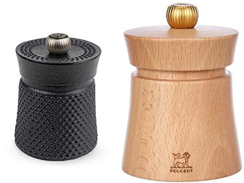 Peugeot Bali Fonte Manuelle Pfeffermühle, Klassische Mahlgradeinstellung, Höhe: 8 cm, Gusseisen, Schwarz, 35402 & 27889 Baya Salzmühle 8 cm, natur