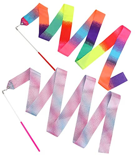 Abeillo Tanzband, 2 Stück 2m Tanzbänder mit Stab, Glitter Pink und Gradient Multi-Colored Tanzbänder, Gymnastikband mit Stab für Kinder Erwachsene Künstlerische/Tanzt/Gymnastik/Training