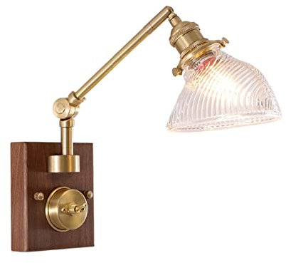 YFMYY Nussbaumsockel Messing Wandleuchte Calla Glas Lampenschirm, Vintage amerikanische drehbare Wandlampe EIN-/Ausschalter Taste, Schlafzimmer Restaurant Cafe Wandleuchte