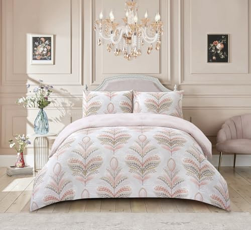 PRIME LINENS Duvet Cover Set 4 Pcs Polyester-Cotton Quilt Cover Bedding Set With Pillow Cases and Extra Fitted Sheet Included (Jasmine Blush Pink, King)