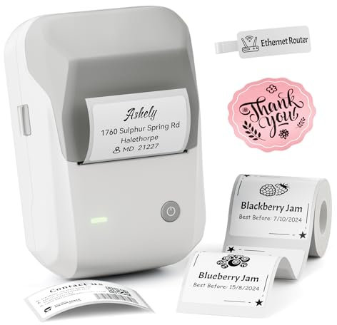 NIIMBOT B1 Label Maker Machine, 2 Inch Bluetooth Thermal Label Printer, Easy to Use Sticker Printer Compatible with iOS and Android, with 1 Roll Waterproof Labels for Retail, Office, Home (Grey)