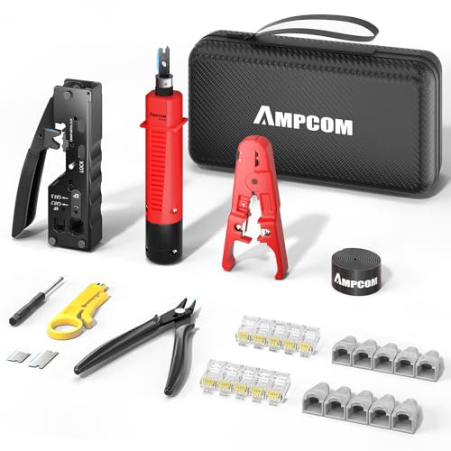 AMPCOM Kit de herramientas de crimpado Ethernet 9 en 1 Pass Through RJ45/RJ11 Kit de herramientas de red para STP Cat7/6A UTP Cat6/5E/5 RJ45 conectores con 110 herramientas de perforación pelacables