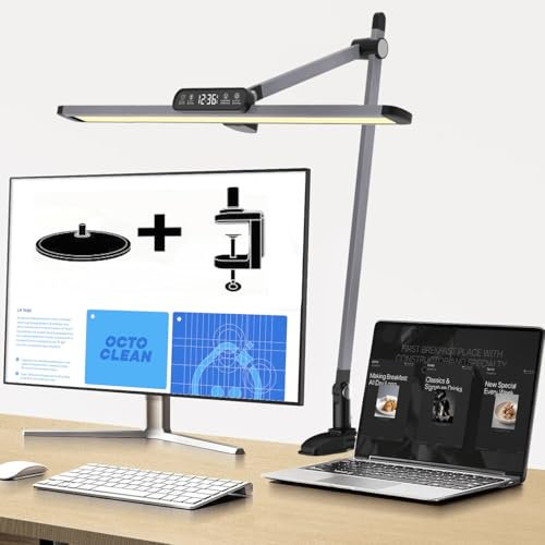 OTUS Schreibtischlampe LED, Monitor Lampe mit Klemme, Fuß, Uhr, Timer, 3 Farbtemperaturen, Dimmbare Helligkeit, Tageslichtlampe Schreibtisch für Homeoffice, Augenschutz Schwenkarm Büro Tischlampe