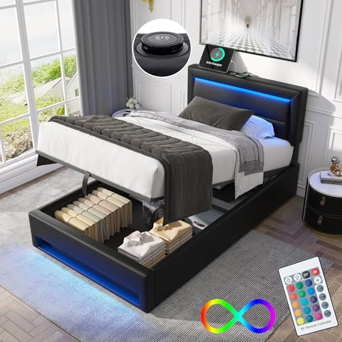 Bett 90x200 mit LED und USB(Unterstützt Kabelloses), Polsterbett 90x200cm mit Kopfteil und Stauraum, Einzelbett mit Lattenrost, Stauraumbett Jugendbett Modernes Bettgestell aus PU -Schwarz