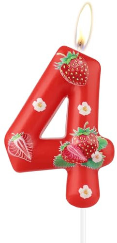 Geburtstagskerzen mit Erdbeer-Zahlen, niedliche Erdbeer Geburtstagskerzen, Erdbeer 4th Geburtstag Dekoration, Zahl 4 Kerzen für Kuchen, rote Erdbeerkerzen, Kuchenaufsatz für Mädchen mit Erdbeermotiven
