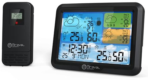 Miraval Smarte Wetterstation mit Display, Temperatur-, Luftfeuchtigkeits- und UV-Anzeige, App-Steuerung, 3 Alarme mit TUYA