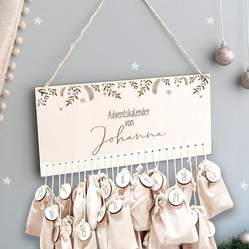 Adventskalender Personalisiert für Kinder | Advent Kalender zum befüllen aus Holz | Wandmontage Weihnachtskalender DIY mit Namen | hellomini (Zweige)