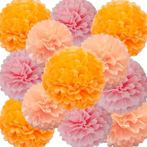 We Moment Zone 12 Stück Papier Pompons Set,Rosa Orange Pfirsich Pom Poms Papier für Baby Jungen und Mädchen Geburtstag Party Deko