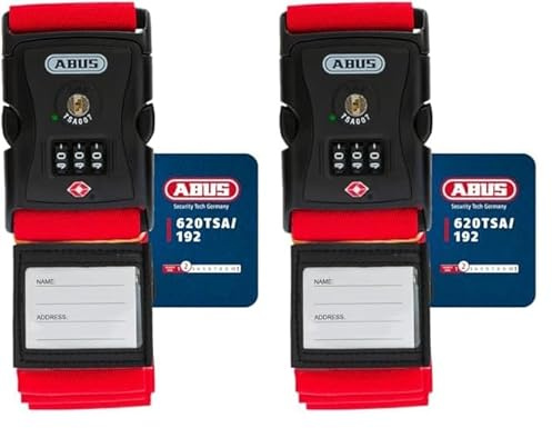 ABUS Kofferband mit TSA-Schloss 620TSA/192 - Koffergurt mit 3-stelligem Zahlencode - Namensschild inklusive - rot (Packung mit 2)