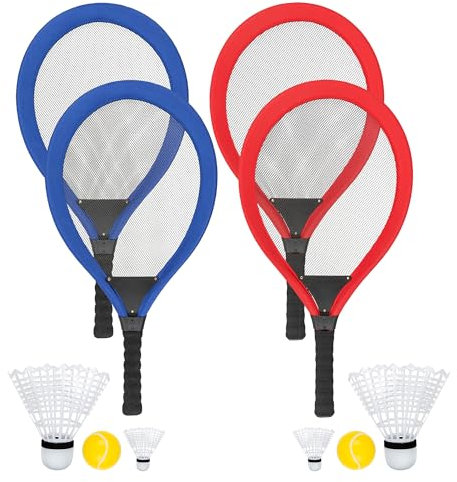 Idena 90956 - 2er Set Softballspiel mit 4 Schlägern, 2 XXL Federbällen und 4 weiteren Bällen, ca. 67 cm, mehrere Farbvarianten, für Sommer, Garten, Park oder Strand