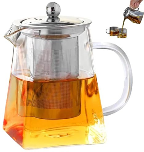 Tetera de gran capacidad con tetera de té de té de acero inoxidable con infusor, vidrio transparente, 550 ml cuadrado con infusor, resistente al calor con tapa y mango, maceta fácil y limpia
