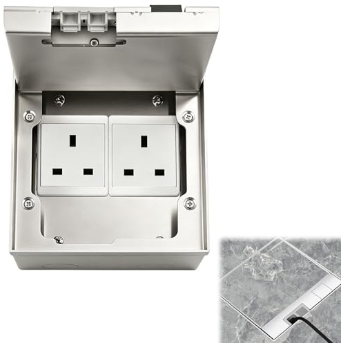 Recessed Power Socket, 2Plug Floor Socket Box Stainless Steel Pop Up Socket | 13A 3250W, Socket Outlet for Kitchen Worktop, Office Desk, Home, Restaurant