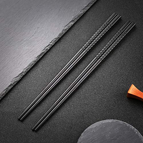 Hopewey Baguettes japonaises, 5 Paires de Baguettes en Alliage réutilisables Racks à Manger lavables pour Vaisselle Vaisselle Set avec Luxe à la Main Noir G3