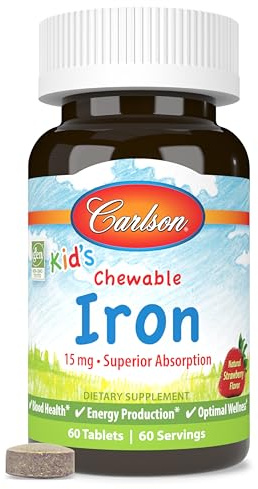 Carlson - Kid's Chewable Iron, 15 mg, Superior Absorption, Blood Health, Energy Production & Optimal Wellness, Natural Strawberry Flavor, 60 Tablets