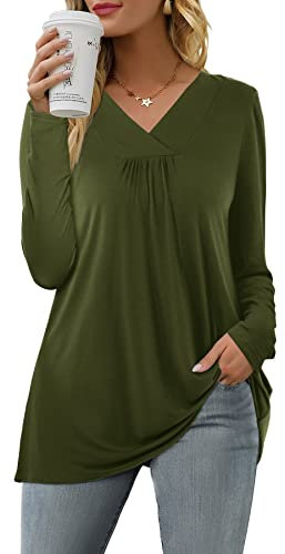 Florboom T Shirts for Women Vneck Tops Long Sleeve Ladies Casual Blouse Army Green Size 12 14
