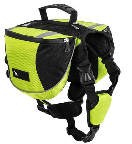 Satteltasche Hunderucksack für Mittlere Große Hunde, Packtaschen Rucksack für Reisen Wandern Training, Reflektierende Wasserdicht Verstellbare Kabelbaumweste mit Griff (grün, L (Hund 28kg - 40kg)