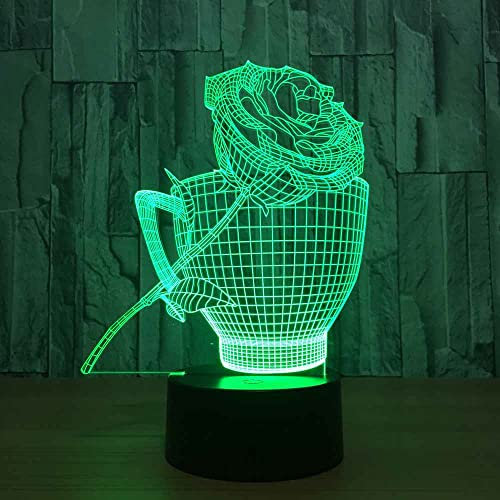YRTMHU Night Lights Teacup Rose 3D Illusion Bedside Lamp for Adults Kids 16 Colours Changing with with Remote Control Touch Button LED Creative Decoration for Boys Girls