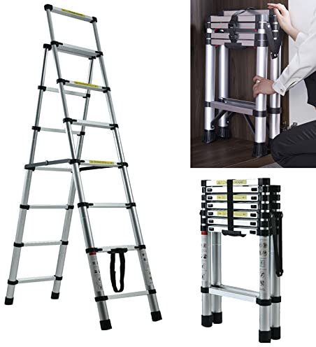 1.7 m + 2 m Extendable Telescopic Ladder, Robust Aluminium Folding Ladder, Telescopic Ladder, A-Frame Step Ladder with 5 + 6 Rungs, 150 kg Load Capacity EN131