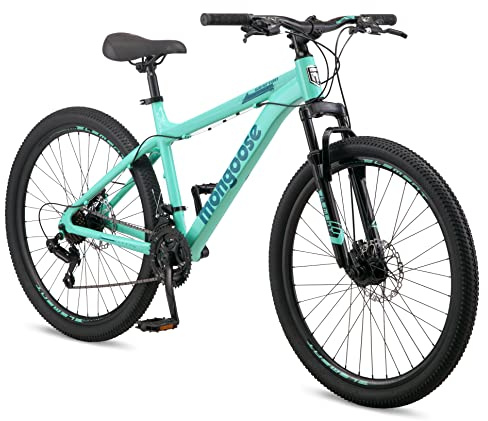 Mongoose Grafton Mountain Bike, 26 Inch Bike for Men and Women, 21 Speed, Aluminum Frame, Knobby Mountain Tires, Suspension Fork, Trigger Shifters, Mechanical Disc Brakes, Adult Bicycle
