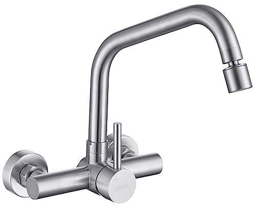 ONECE Wandmontage Wasserhahn Küche mit 2 Strahlarten, Küchenarmatur Wand Mischbatterie mit 360° drehbar, Wandarmatur Küche Spültischarmatur aus Edelstahl gebürstet, Matt